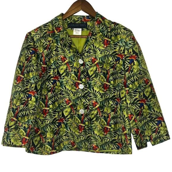 Harve Bernard Green 100% Silk Parrot Palm Leaves Long Sleeve Blazer Jacket 8 - Picture 1 of 7
